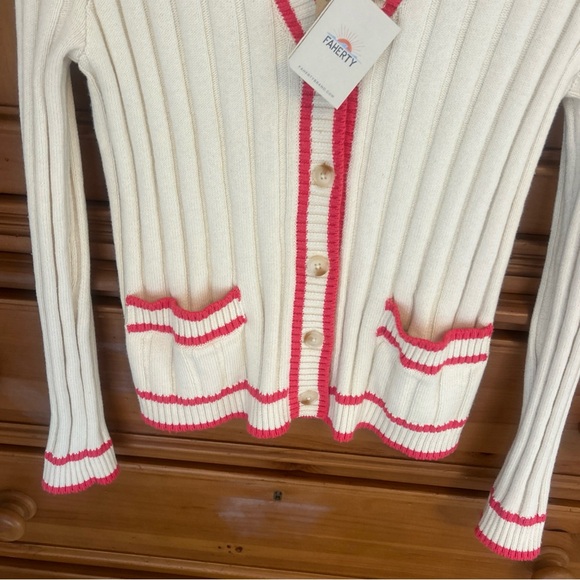 Faherty Game Set XS Organic Cotton Cashmere Rib Cardigan Cream Pink Tennis Prep - Picture 6 of 11